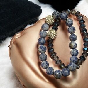Elegant Blue and Silver Boutique Beaded Stretch Bracelet Set